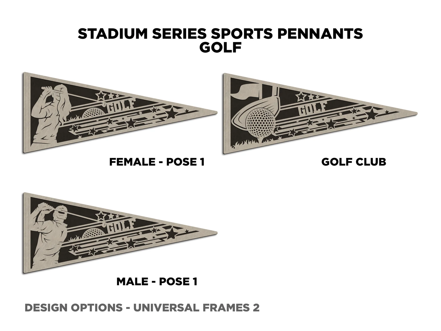 Stars golf pennant, pose 1. Supplier finished product render.
