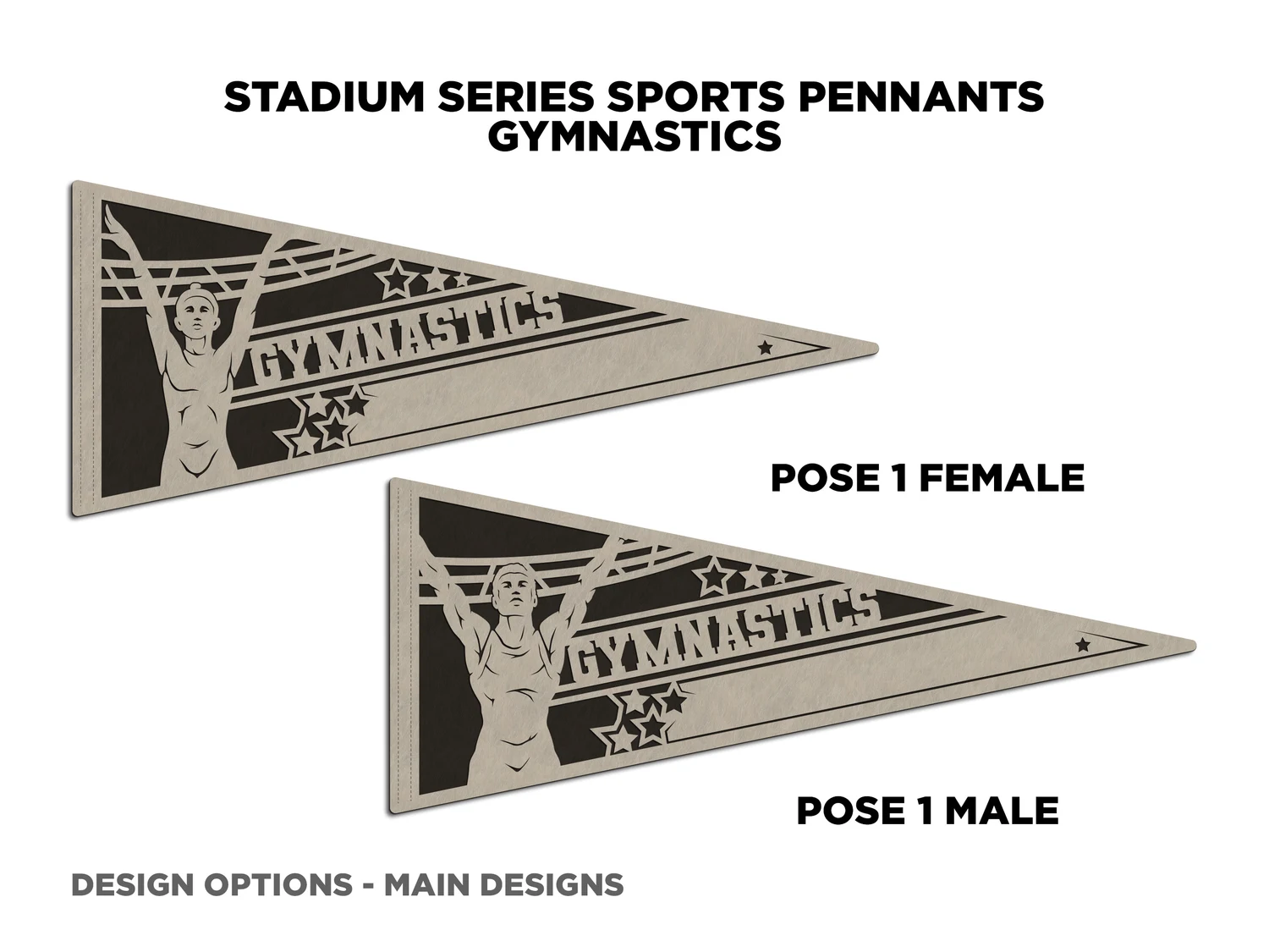 Personalized gymnastics pennant, pose 1. Supplier finished product render.