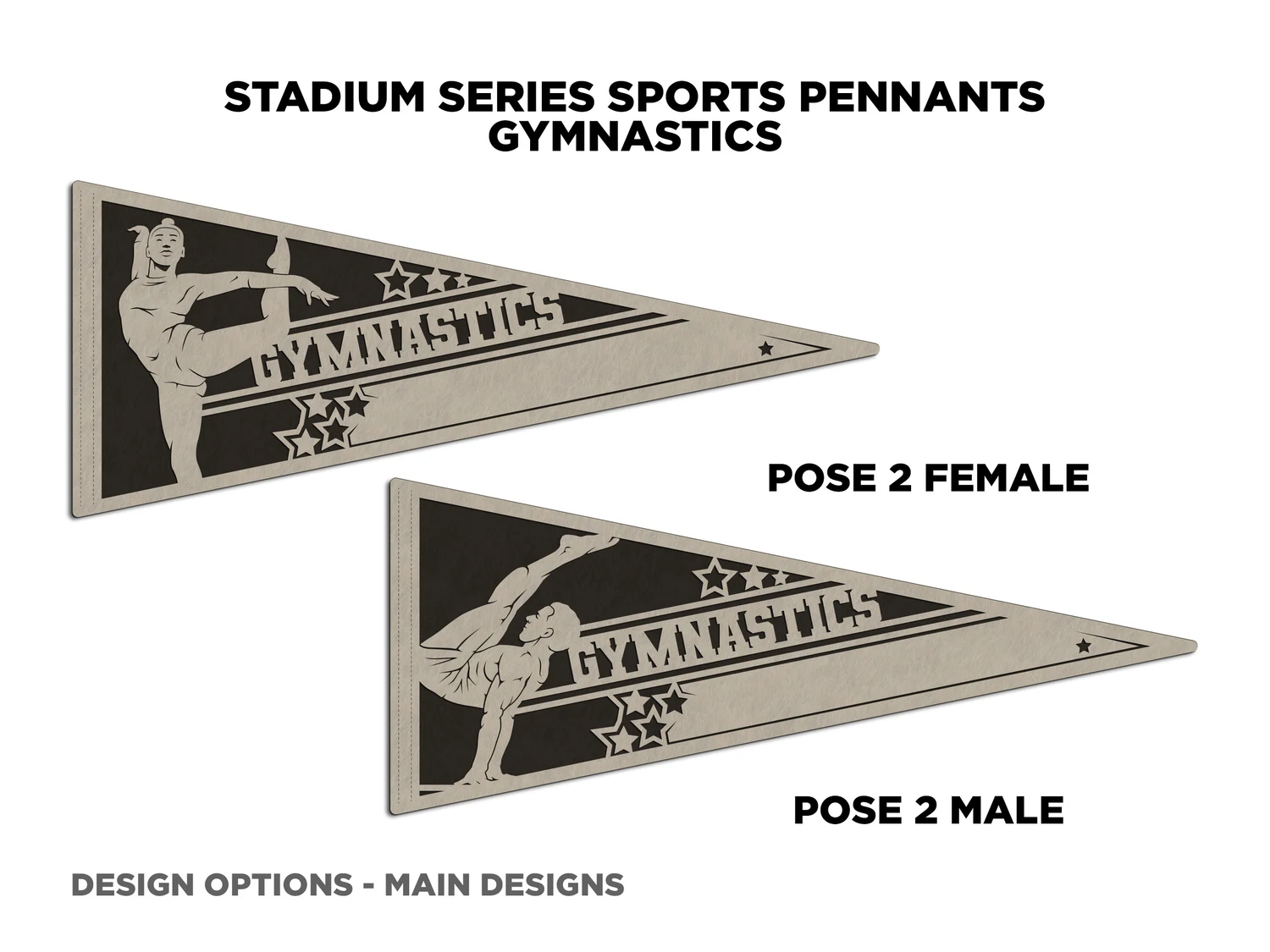 Personalized gymnastics pennant, pose 2. Supplier finished product render.