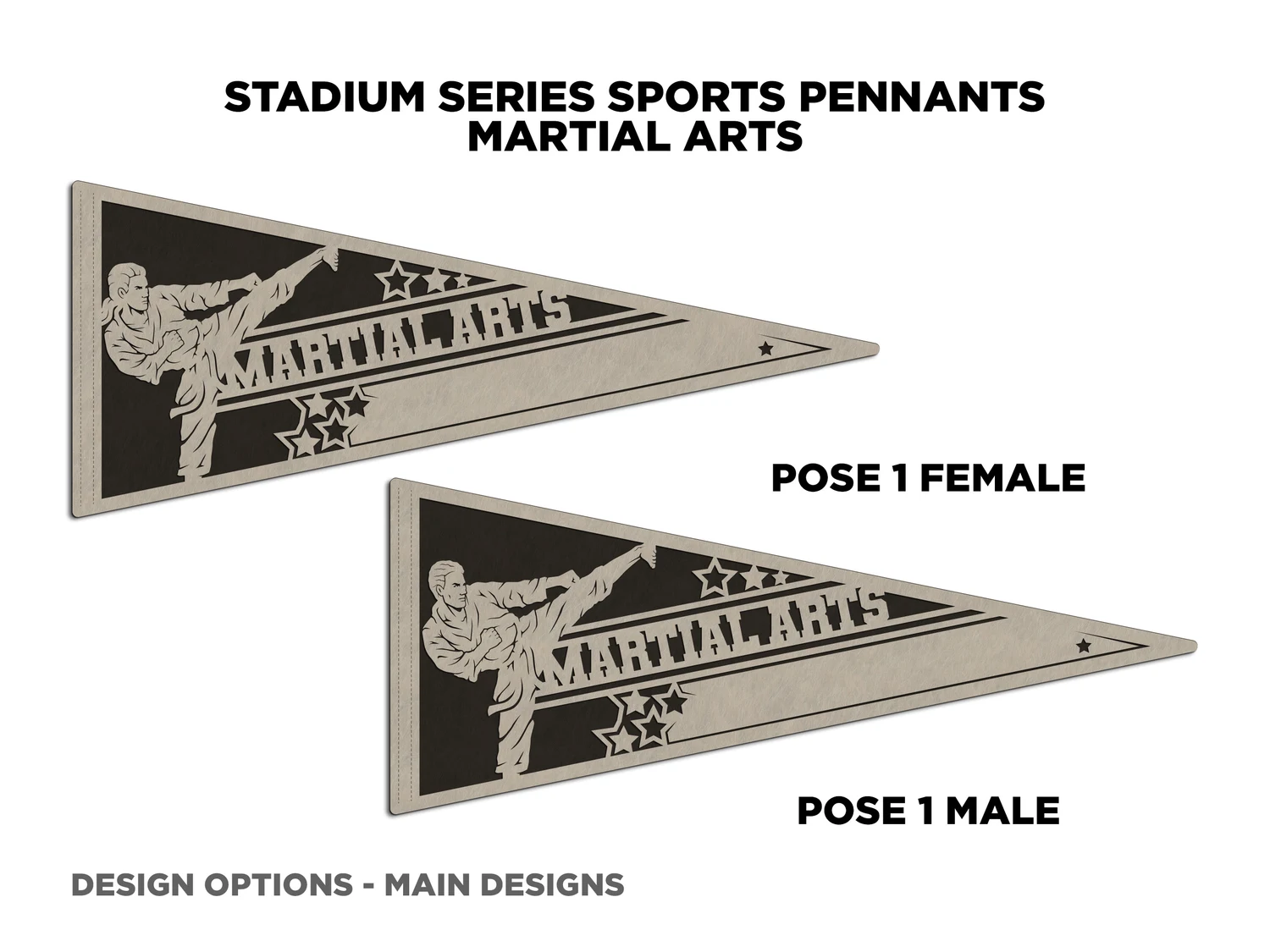 Personalized martial arts pennant, pose 1. Supplier finished product render.