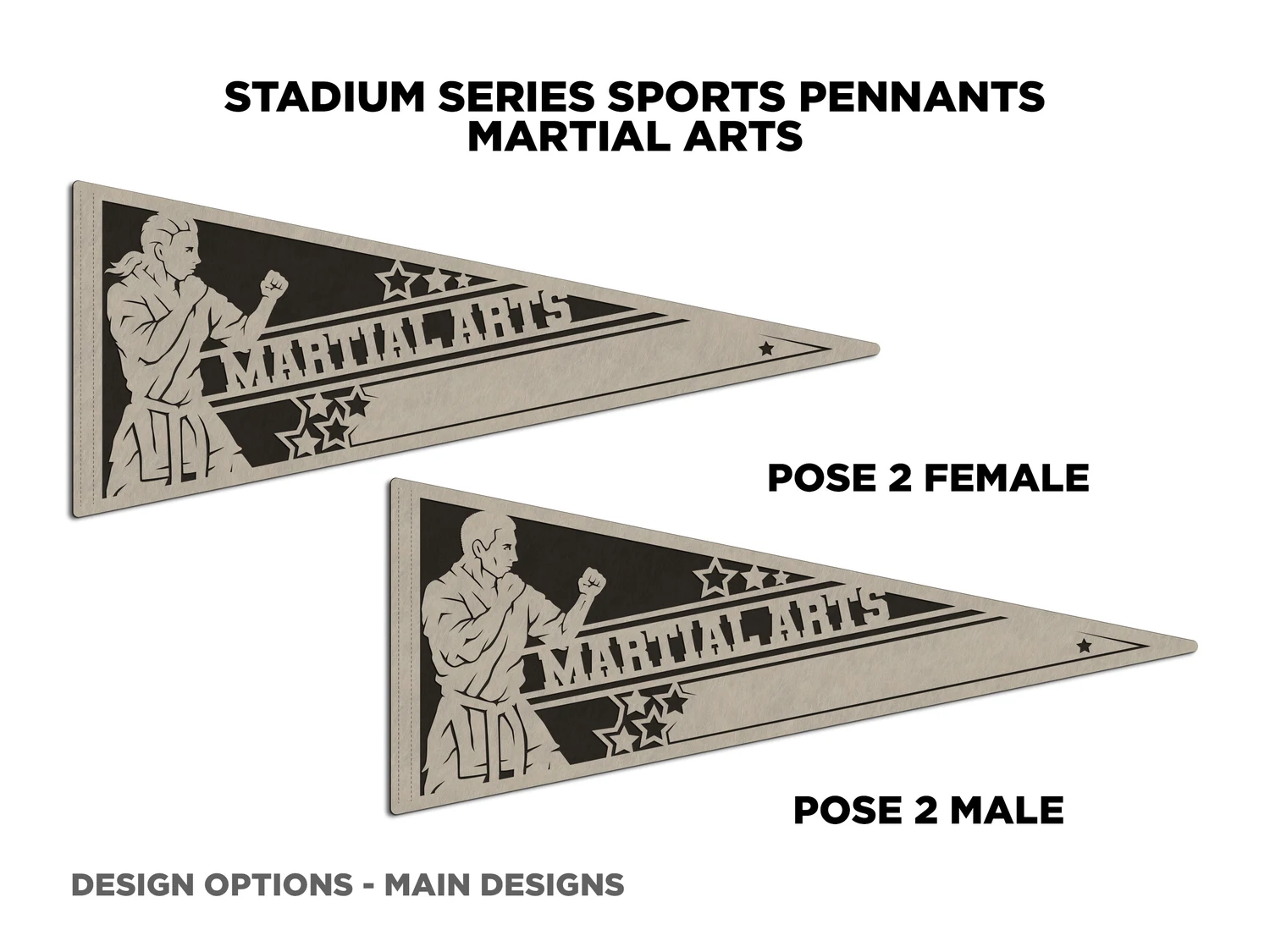 Personalized martial arts pennant, pose 2. Supplier finished product render.