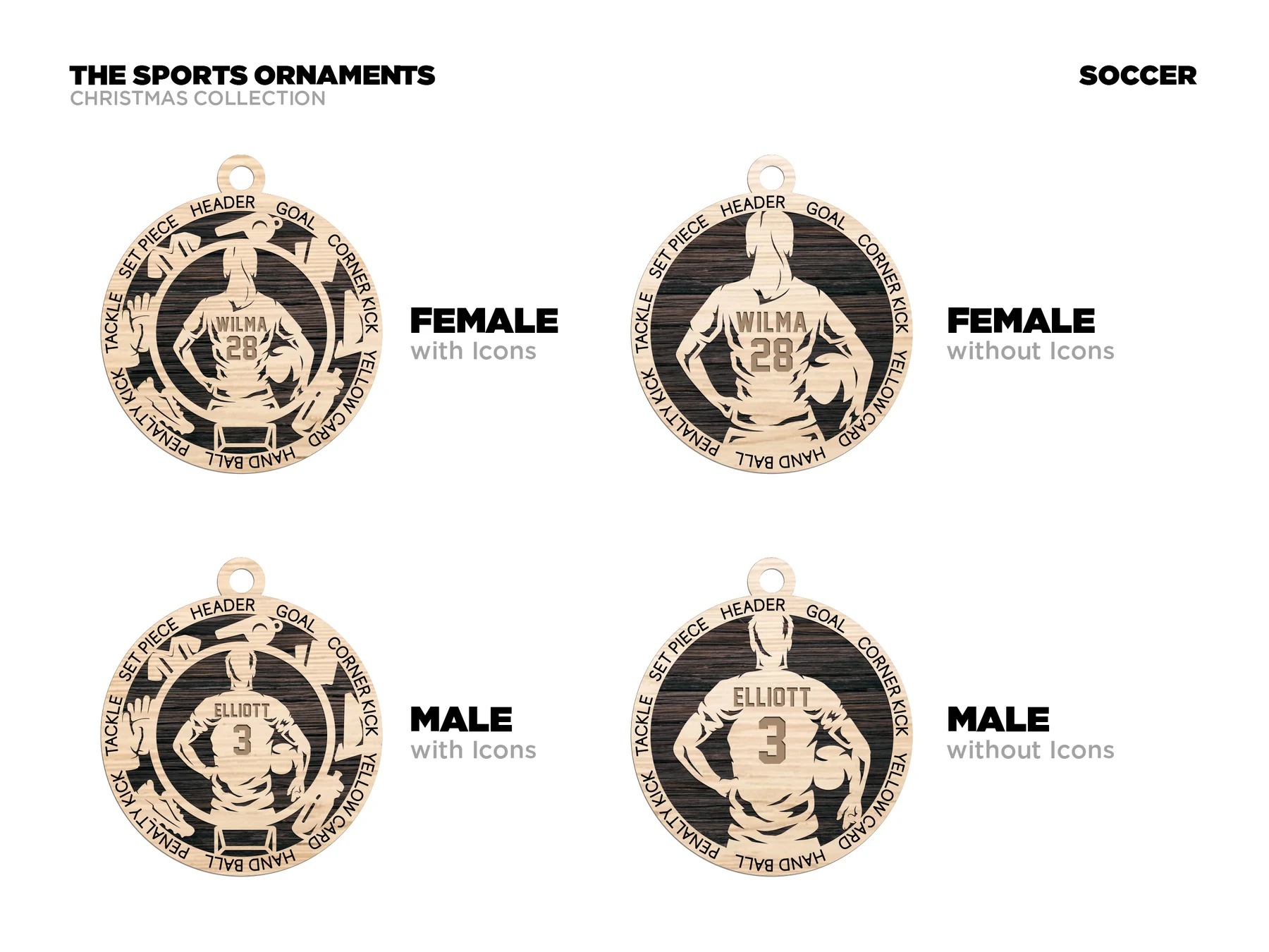 Personalized soccer ornament with icons. Supplier finished product render.