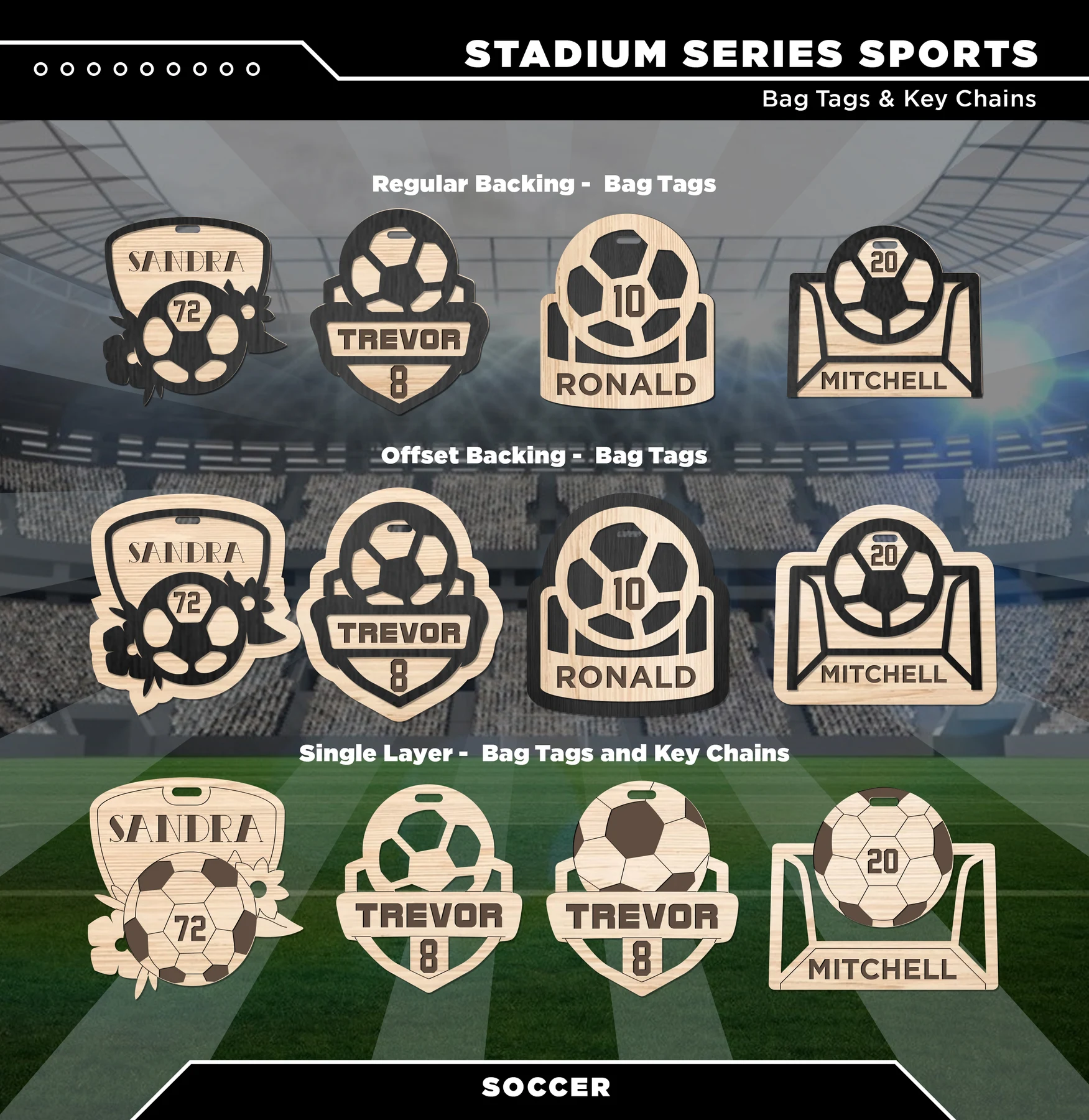Floral jersey and soccer ball single layer bag tag. Supplier finished product render.