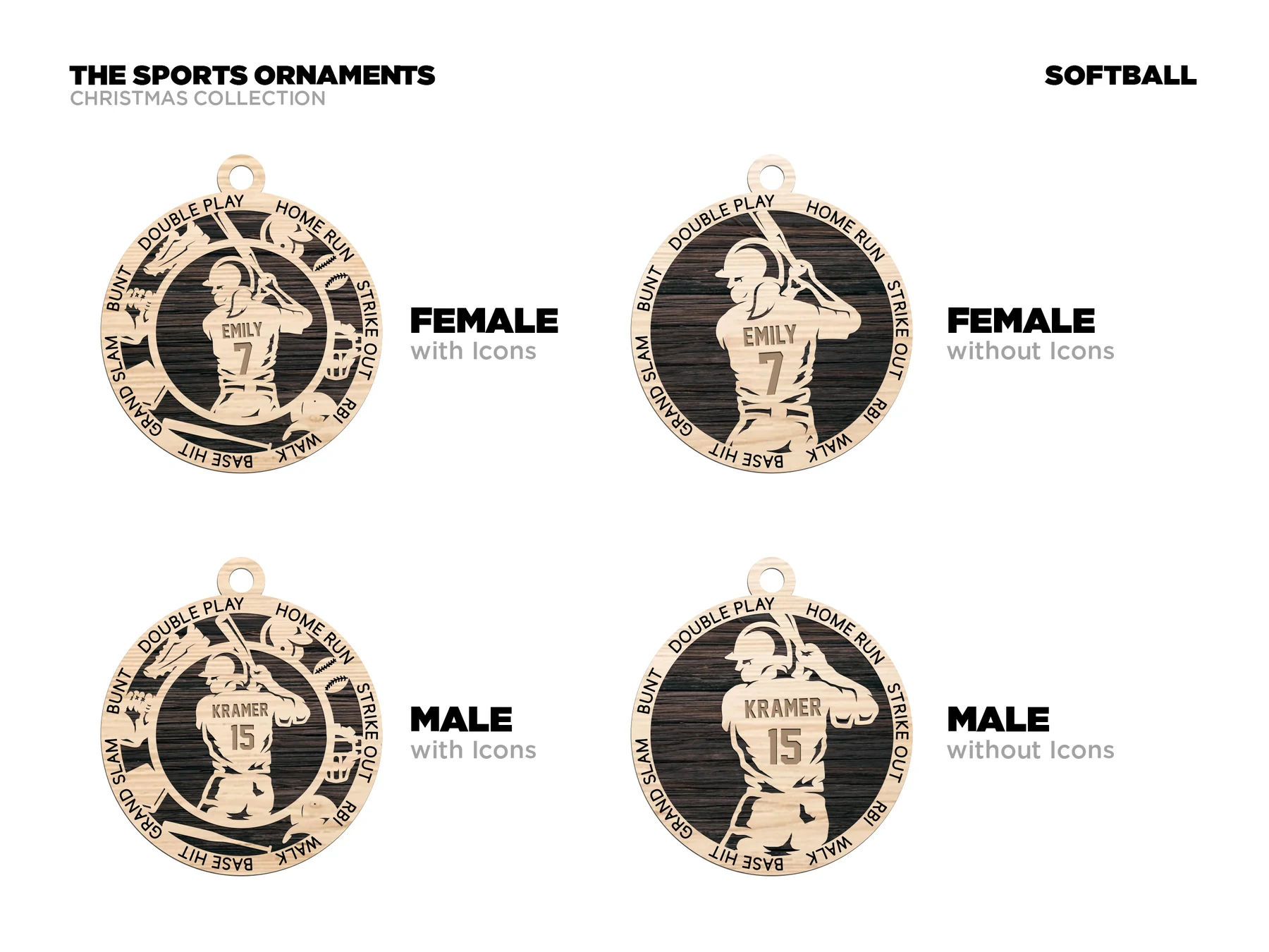 Personalized softball ornament with icons. Supplier finished product render.