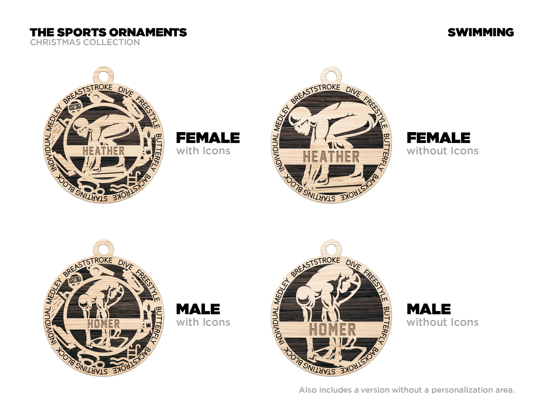 Personalized swimming ornament with icons. Supplier finished product render.