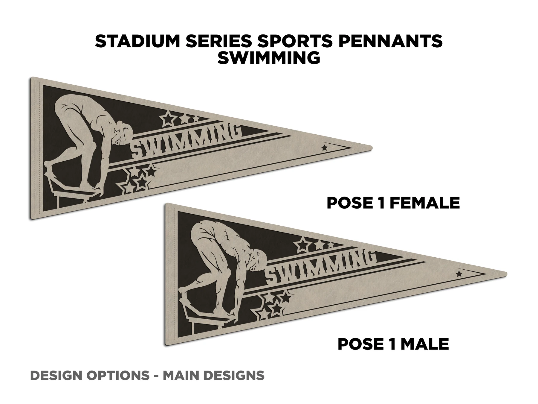 Personalized swimming pennant, pose 1. Supplier finished product render.