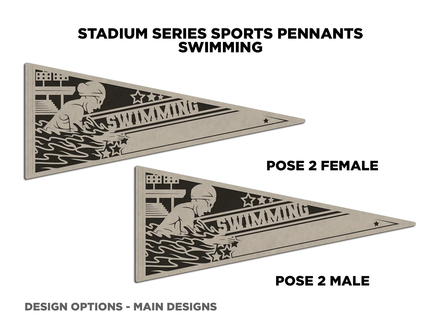 Personalized swimming pennant, pose 2. Supplier finished product render.
