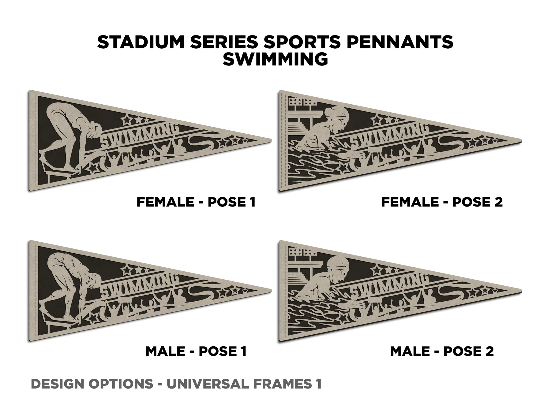 Crowd swimming pennant, pose 1. Supplier finished product render.