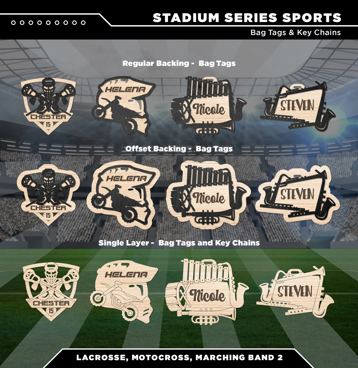 Lacrosse gear shield single layer bag tag. Supplier finished product render.