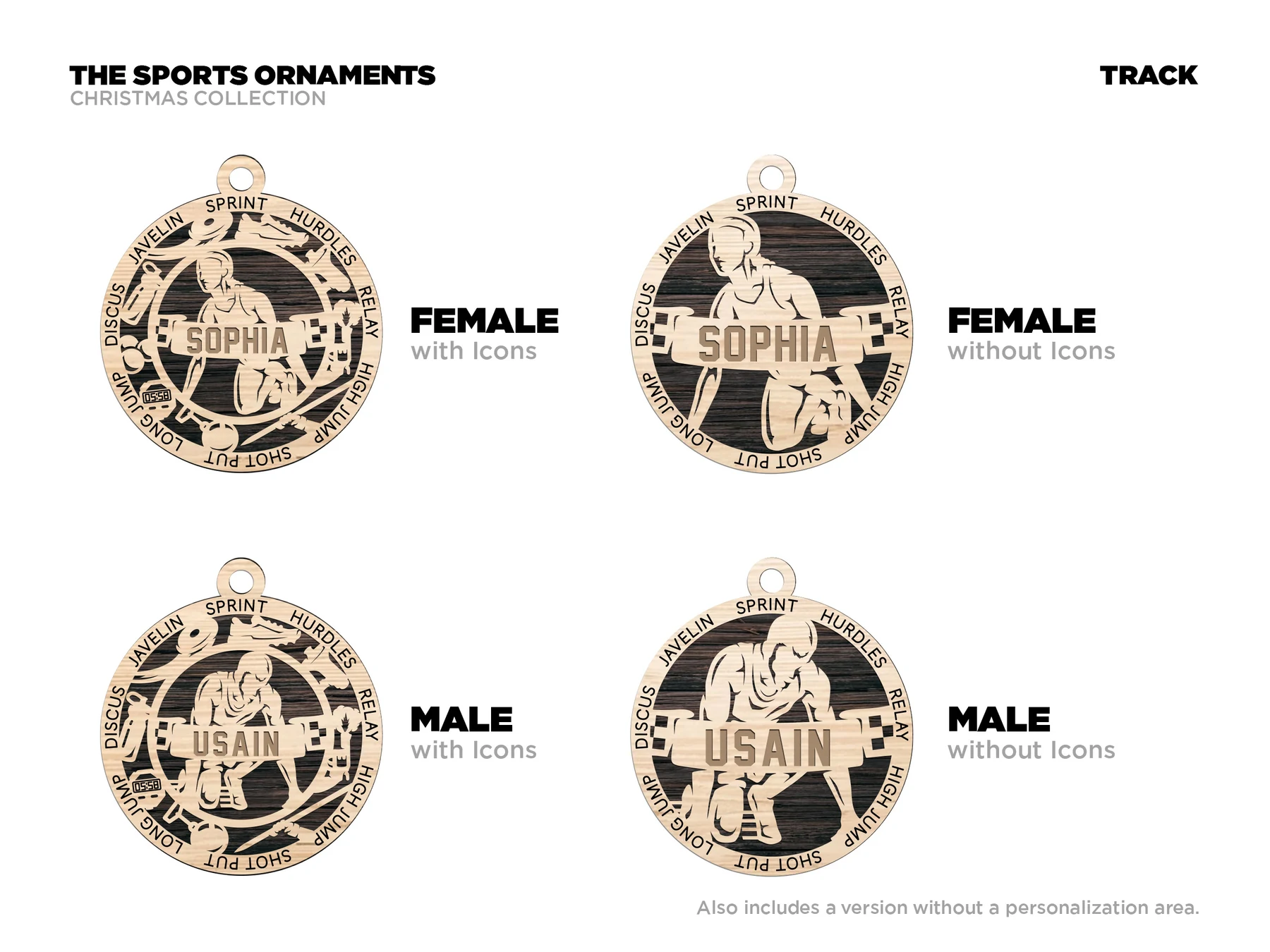 Personalized track and field ornament with icons. Supplier finished product render.