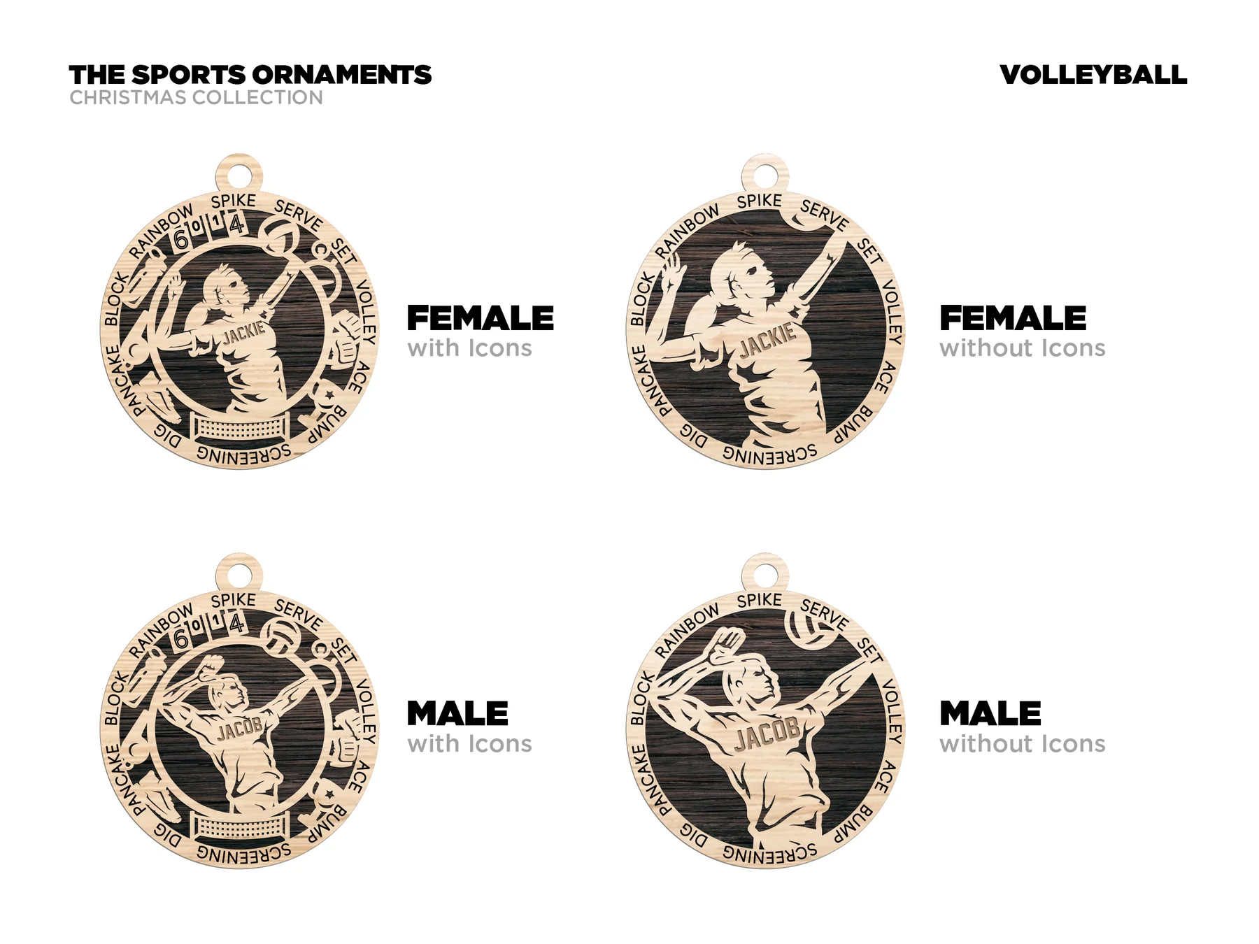 Personalized volleyball ornament with icons. Supplier finished product render.