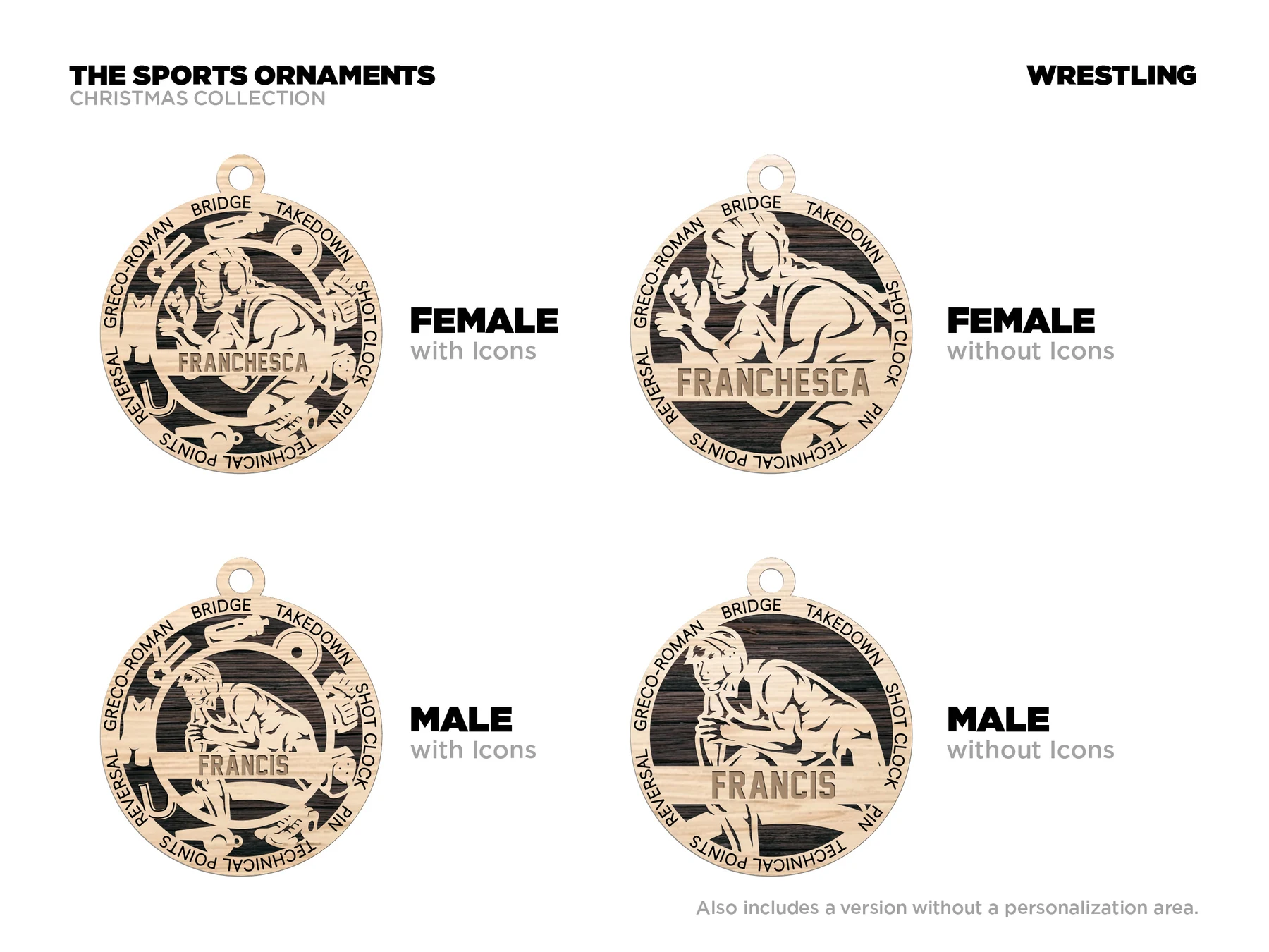 Personalized wrestling ornament with icons. Supplier finished product render.
